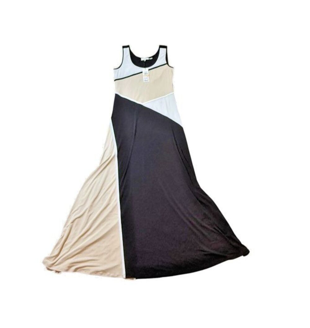Calvin Klein Black Beige Colorblock Sleeveless Scoop Neck Maxi Dress Size Small